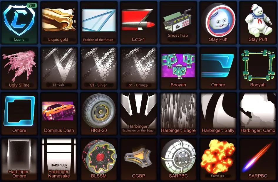 RL1009 INSIDIO HARBINGER Mudcat GTXT 700CR Level 53 Dominus GT Phobos Octane Breakout + Tons of Wheels Boosts Toppers Paints Imports 